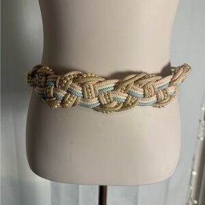 Vintage Braided Rope Belt Pearl Detail Pastel Boho Waist Belt 36”